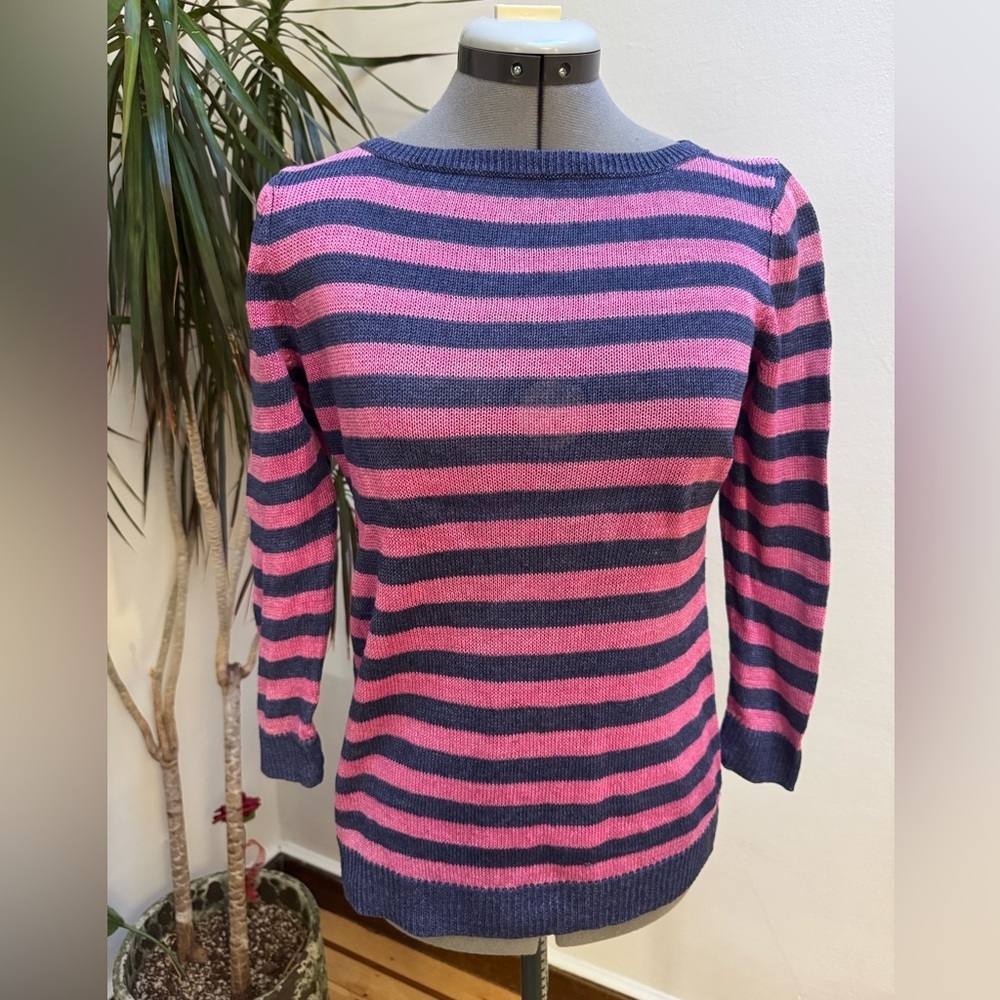 Talbots Petites 100% Linen Striped Knit Spring Sweater - Navy & Pink